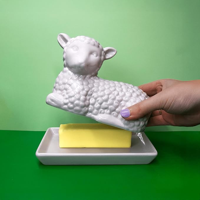 Lamb Butter Dish with Lid – Ceramic Farm Animal Butter Holder for Countertop Storage – Cute Sheep Design for Spring, Easter, or Farmhouse Kitchen Décor – Holds Standard Butter Stick