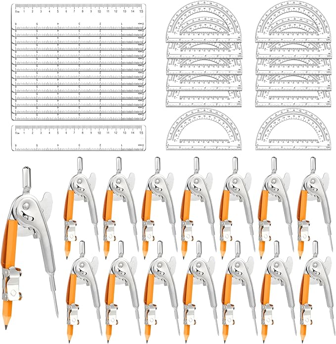 60 Pieces Geometry Math Set Compass for Geometry Math Compass and Protractor Set Include Metal Compass with Pencil Plastic Ruler and Protractor for Student School Office Woodworking Drawing Tools