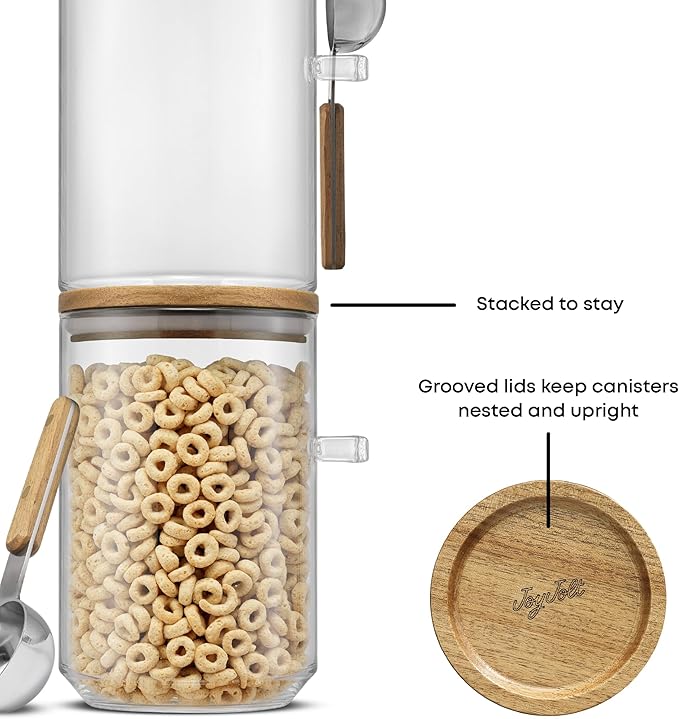 JoyJolt Holden 32oz Stackable Glass Storage Containers with Lids Scoops and Tray, Clear Airtight Food Canister Set of 3 w/Acacia Wood Lids, Round Stacking Pantry and Kitchen Containers w/Scoop