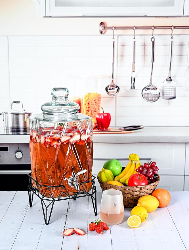 Glacial Ice Design Glass Beverage Dispenser with SS Spigot and Stand - 2.5 Gal