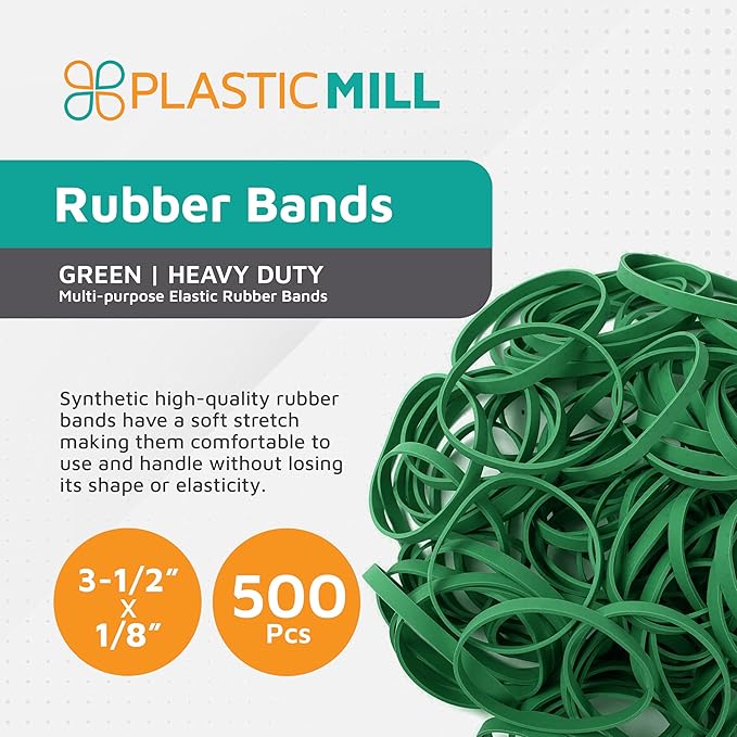 PlasticMill Green Rubber Bands Size 33 (3 1/2" x 1/8") - #33 Colored Rubber Bands Office Supplies - Strong, Elastic Bands for Crafts, Balloon Garland, Cash, File Folders (500-Pack)