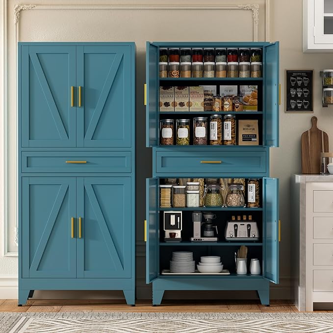 71" Tall Metal Storage Cabinet with Adjustable Shelves,Farmhouse Kitchen Pantry Cabinet with 2 Barn Doors and Drawer,Large Storage Cabinets for Dining Room,Bathroom,Living Room(Blue)