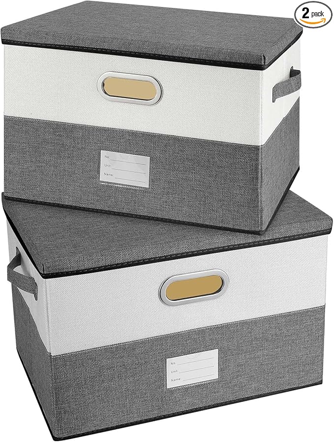 Large Linen Fabric Foldable Storage Bins with Removable Lid and Handles, Washable Storage Box Organizer Containers Baskets Cube with Cover for Bedroom,Office (Grey&Cream, Medium(2-Pack))