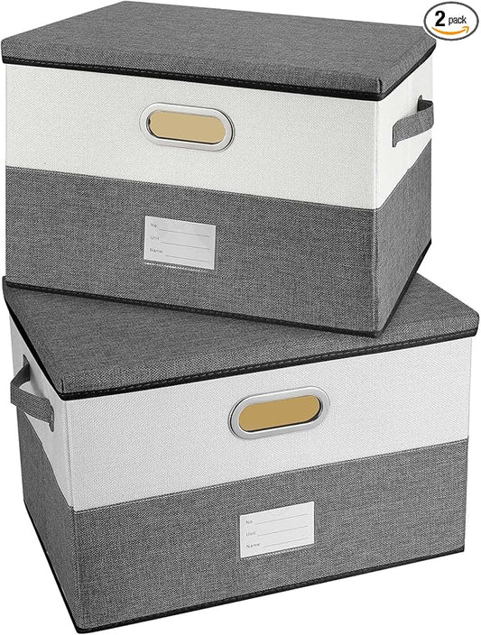 Large Linen Fabric Foldable Storage Bins with Removable Lid and Handles, Washable Storage Box Organizer Containers Baskets Cube with Cover for Bedroom,Office (Grey&Cream, Medium(2-Pack))