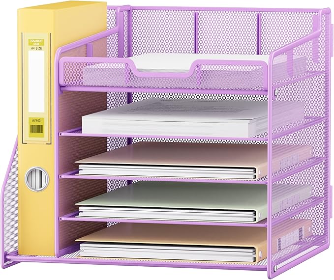 Lavatino 5-Tier Metal Mesh Desk Organizer with File Holder & 7 Customizable Compartments | Paper Letter Tray for Office or Home Desk Storage | Keep Workspace Supplies Neat & Organized, Purple