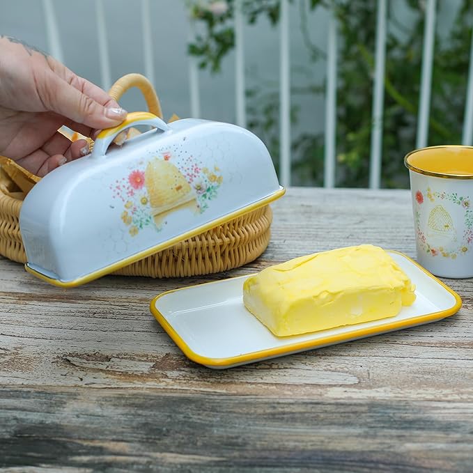 Enamel Butter Dish with Lid Vintage Enamelware Butter Keeper with Flower and Bird Patterns Farmhouse Butter Container Butter holder for Countertop Kitchen Decor(Orange)