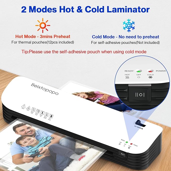 Thermal Laminator, 8.5x11 Laminator, 9 Inch Laminater Machine with 12 Laminating Sheets, A4/A5/A6 Personal Hot Cold Laminating Machine for Home School Teachers Office, Anti-Jam