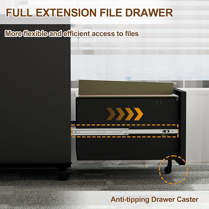 3 Drawer File Cabinet with Lock and 4 Keys, Mobile Metal Filing Cabinet, File Cabinets for Home Office, Under Desk, Pre-Assembly, File Drawer, Letter/Legal/A4 Hanging File Folders