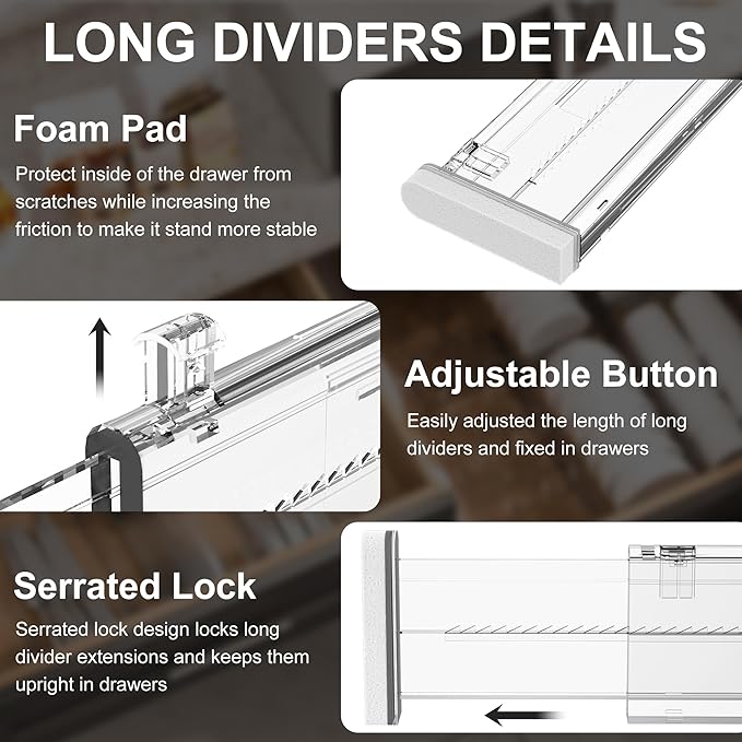 HiYZ Expandable Drawer Dividers with Inserts - Adjustable Drawer Organizers Separators for Kitchen, Bedroom, Dresser, Office, 8 Long Dividers(12.6-22.8 IN) with 16 Inserts(3.9-7.1 IN) - Clear