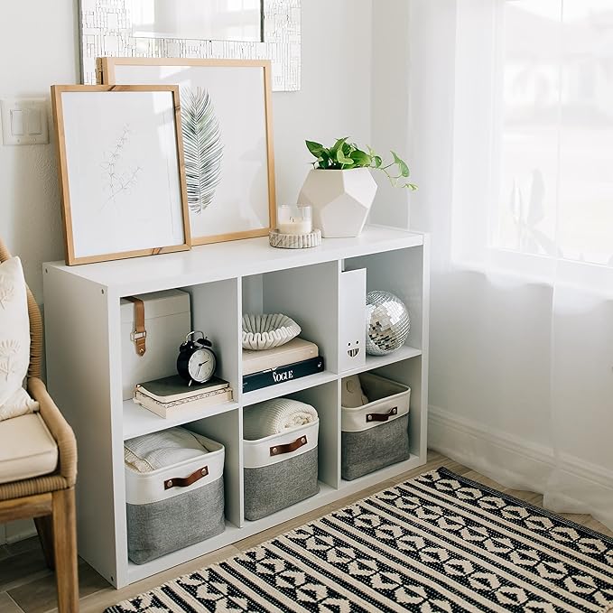 OrganiHaus Large Fabric Storage Baskets for Shelves 3 Pack, 15x11in Closet Storage Bins for Shelves, Canvas Baskets for Organizing, Linen Closet Organizers, Cloth Basket, Gray/Off-White