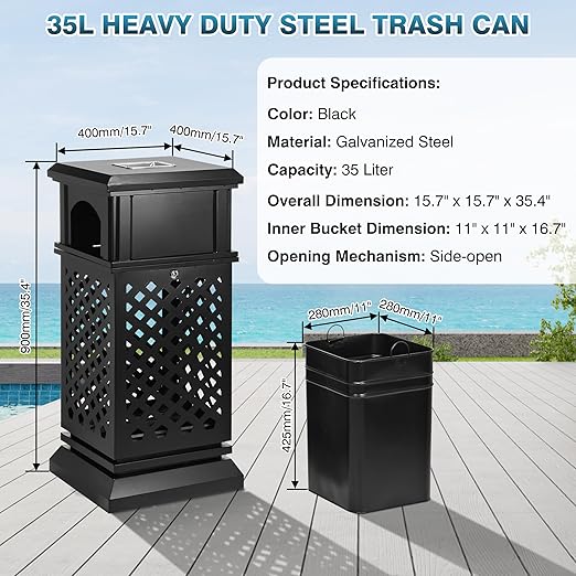 IRONWALLS Indoor/Outdoor Trash Can with Lid, Heavy Duty Steel Garbage Can with Removable Bin, Locking Lid, 16”x16”x35.4” Dual Sided-Open Commercial Trash Can Large for Patio, Backyard, Office, Black