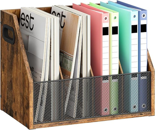 Wooden Desktop File Organizer with Removable Dividers, Mesh Front Panel for Paper, Mail, Magazine, Home Office Desk Storage, Easy Assembly, Rustic Brown MWJ06FG