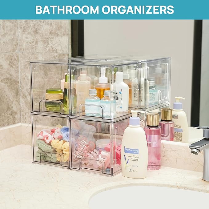 Vtopmart 2 Pack Stackable Storage Drawers, 6.6''Tall Acrylic Bathroom Makeup Organizers,Clear Plastic Storage Bins For Vanity, Undersink, Kitchen Cabinet,Pantry Organization and Storage