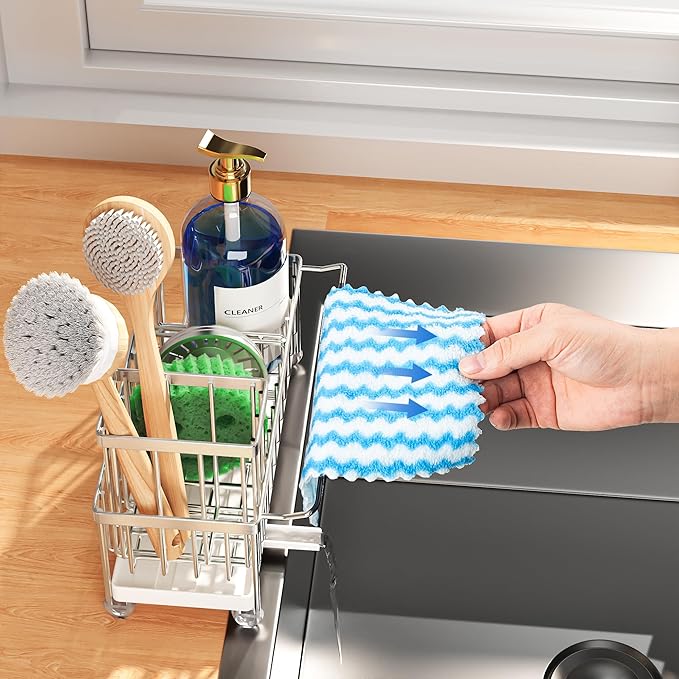Cisily Stainless Steel Sponge Holder for Kitchen Sink with Towel Rack, Sink Caddy with Kitchen High Brush Holder, Organzier Rustproof 304 Stainless Steel Dish Organizer Divider, Soap Dispenser Storage