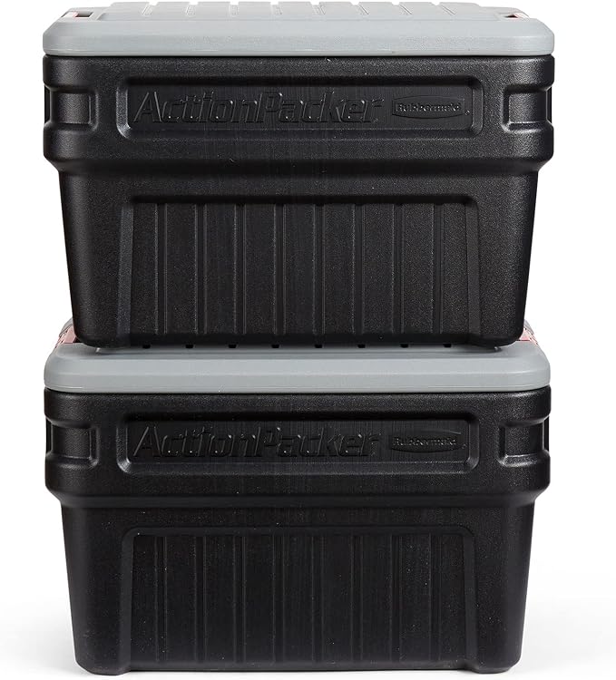 Rubbermaid ActionPacker️ 24 Gal Lockable Storage Box Pack of 2, Outdoor, Industrial, Rugged, Grey and Black