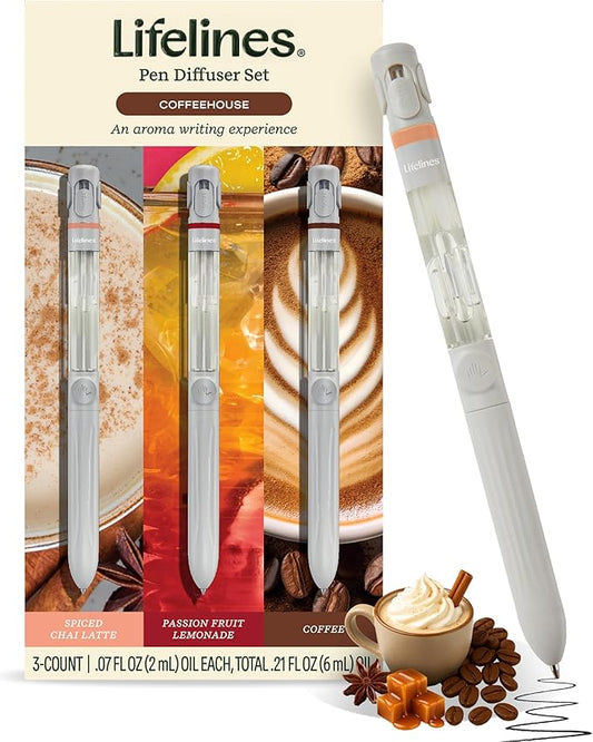 Lifelines Pen Diffuser Set, Coffeehouse 3-Pack - 1mm Black Ballpoint Pens with Scented Essential Oil Blends – Aromatherapy Diffuser & Sensory Immersion Diffuse Aroma As You Write