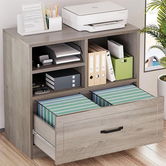 LVB Lateral Wood File Cabinet with Drawer, Farmhouse Printer Filing Cabinet with Storage for Legal Letter A4, Wooden Printer Stand with Hanging File Organizer Shelves for Home Office, 32.7 in, Greige