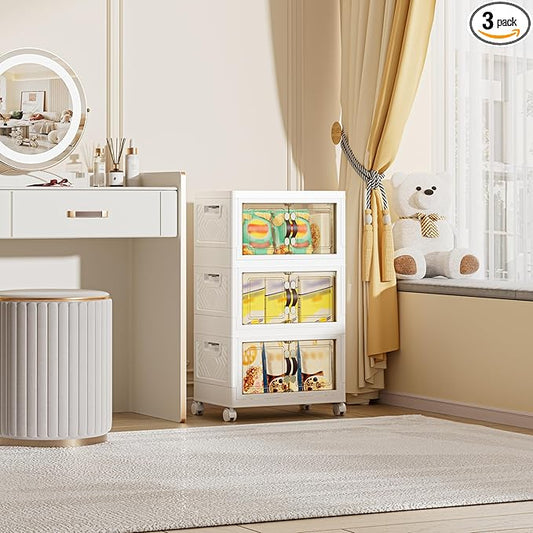 80 QT / 20 Gal Multi-Purpose Stackable Storage Cabinet: Double Magnetic Doors, Foldable, Wheels Included, Leather Handles - Ideal for Pantry, Laundry Room, Dorm