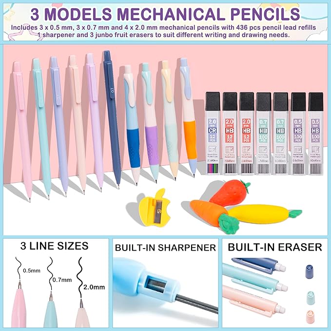 School Supplies Set for Teens Girls - Cute Pink Pencil Case, 10 Mechanical Pencils 0.5 0.7 2.0mm,12 Highlighters, 16 Pens, 452 Lead & Gel Refills Complete College Essentials, Drafting & Writing Kit