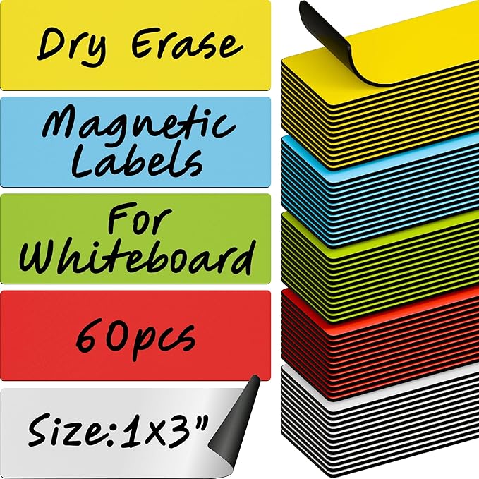 Dry Erase Magnetic Labels 60pcs, 1"×3"×0.7mm (Multicolor: White, red, Blue, Yellow, Green)