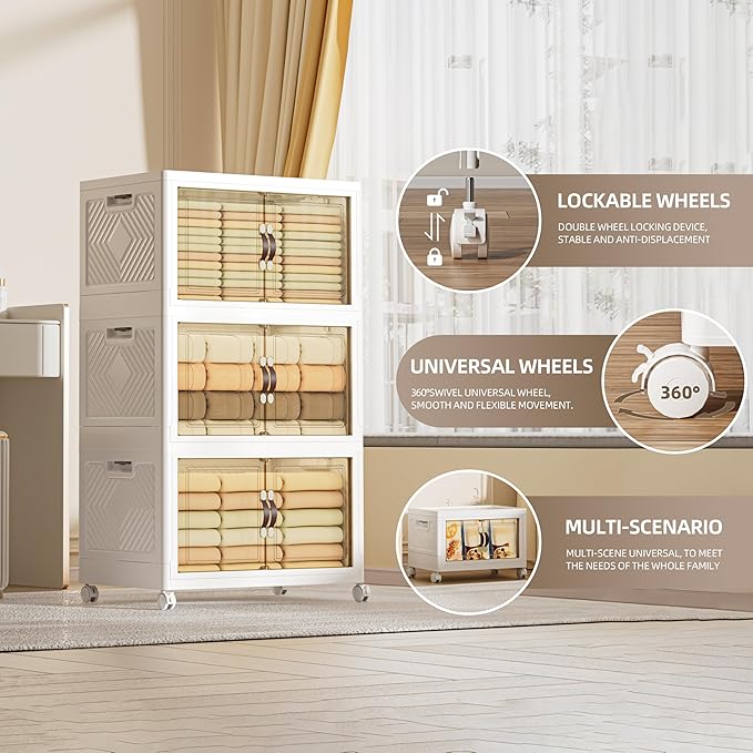 252 QT / 63 Gal Heavy Duty Double Door Storage Cabinet - Magnetic Closure, Foldable Stackable Design with Wheels & Leather Handles, Plastic Organizer for Garage/Bedroom