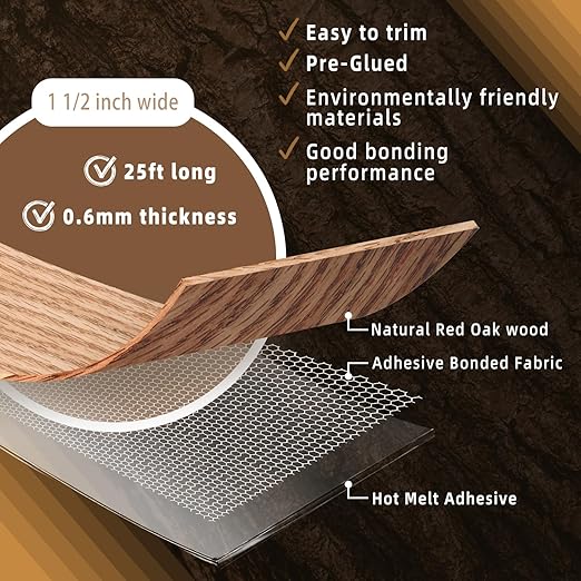 GSCIT Club Red Oak Veneer Edge Banding, 1 1/2 inch x 25ft Roll, Preglued Flexible, Real Wood Tape Banding