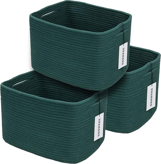 Cotton Rope storage Basket Bins15X10X9.3“ Basket for Organizing Shelves Rectangle Decorative Baskets For storage Clothes Toys Books Towels Square Wicker Nursery basket organizer 3 pack Dark green