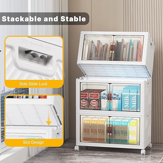 330Qt Stackable Storage Bins with Lids, 6 Pack Collapsible Bins with Wheels, Plastic Cabinet with Doors, Foldable Closet Organizers and Storage for Home, Dorm, Office, White