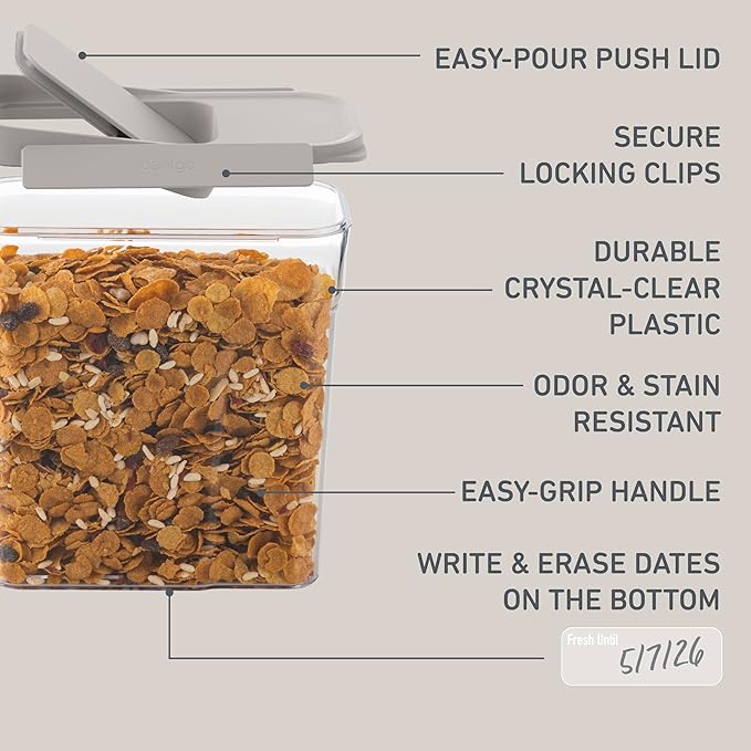 Bentgo Pantry - 6-Piece Airtight Cereal Containers, Easy Push & Pour Lid, Stackable & Clear BPA-Free Storage, Locking Lids for Freshness – Ideal for Kitchen & Pantry Organization (White Stone)
