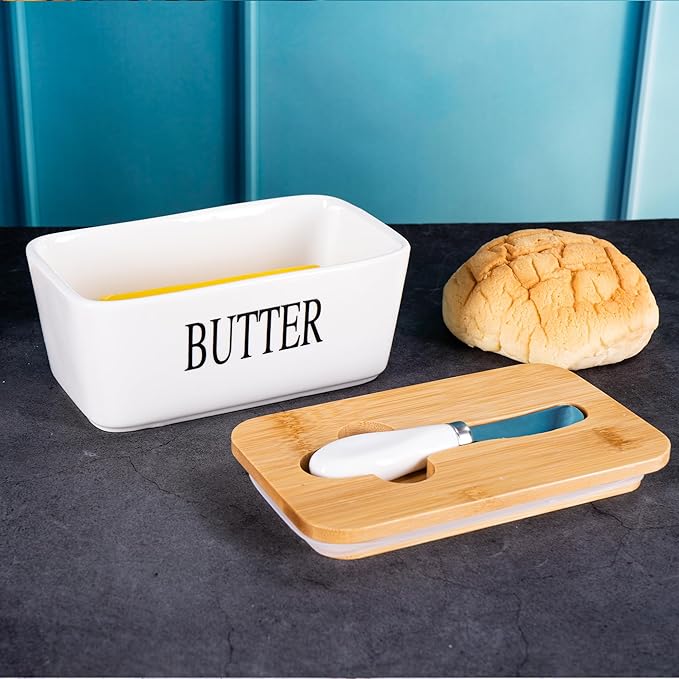 Large White Butter Dish with Lid and Knife for Countertop, Ceramic Covered Butter Stick Holder Container for Fridge