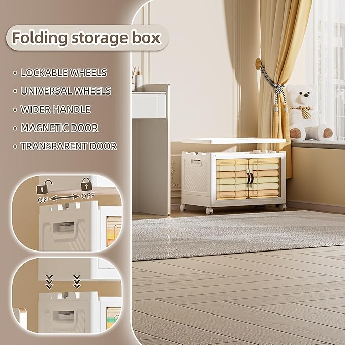 68 QT / 17 Gal Extra Wide Foldable Plastic Cabinet with Double Magnetic Doors & Leather Handles - Stackable, 4 Locking Wheels, Space Saving Storage for Small Spaces