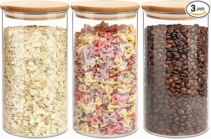 1.5 Qt Round Glass Storage Containers with Lids, Clear Food Storage Container Jar with Sealing Bamboo Lid for Noodles Flour Cereal Rice Sugar Tea Coffee Beans（Round-3Pack ）