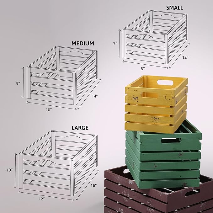 wald imports - Set of 3 Red, Green & Gold Wooden Crates for Storage - Decorative Wooden Crate Set for Home Decoration & Display - Vintage Storage for Household Goods