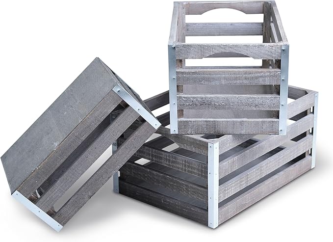wald imports - Set of 3 Rustic Distressed Wooden Crates for Storage - Decorative Wooden Crate Set for Home Decoration & Display - Vintage Storage for Household Goods