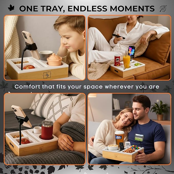 Couch Caddy with Cup Holder | Bamboo Couch Cup Holder Tray for Drinks, Snacks & Remotes | Couch Tray for Bed, Car Seat & Beach Organizer (White)