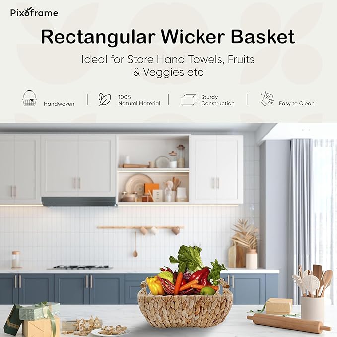 Large Rectangular Handwoven Wicker Basket - Water Hyacinth Storage Baskets with 2 Polished Wooden Handles for Store Hand Towels, Fruits & Veggies etc - 13.25"x12"x6.25" - Pack of 2 - Natural