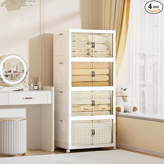 416 QT / 104 Gal Large Foldable Stackable Plastic Storage Cabinet with Double Magnetic Doors, Leather Handles & 4 Wheels - Organize Home, Office, Closet