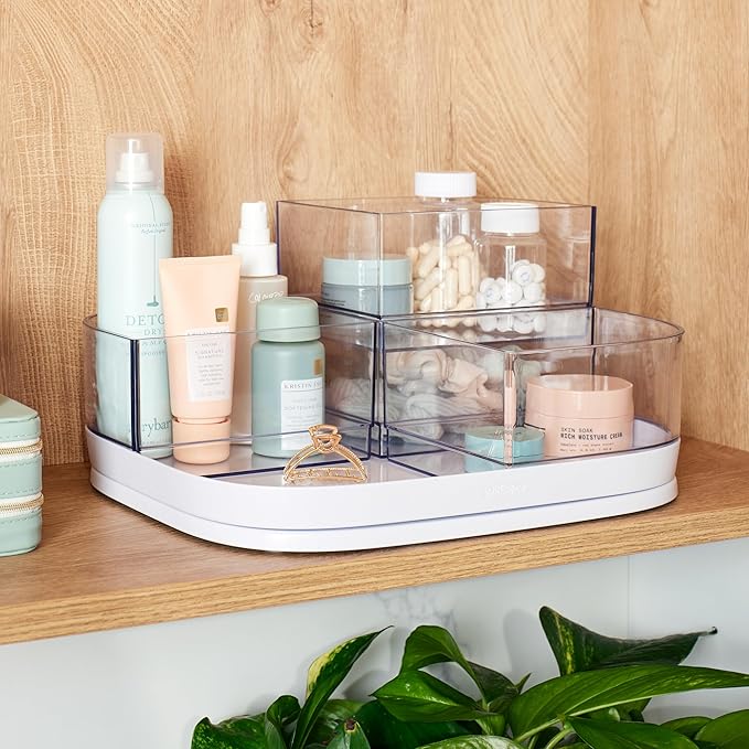 YouCopia MagicTrack Rectangle Lazy Susan Turntable with 4 Clear Storage Bins: Rotating Cabinet Organizer for Kitchen or Bathroom Items, 360° Spin, Non-Slip, White Speckled BPA-Free