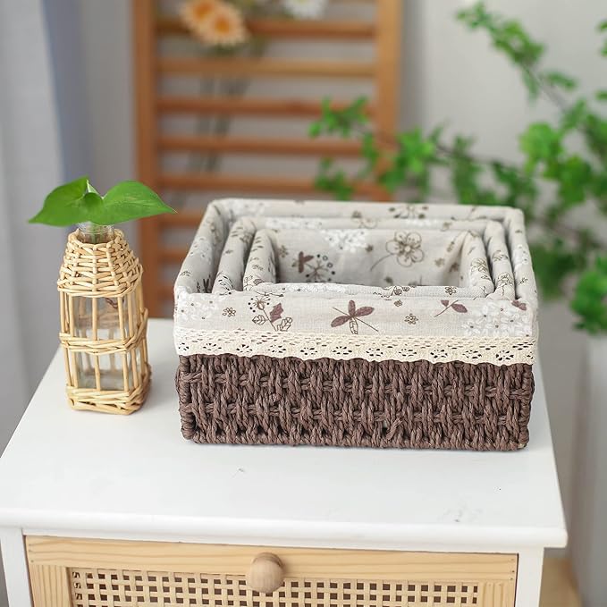 Storage Baskets Set of 3,Decorative Paper Rope Woven storage Baskets with Liner,Rectangular Storage Bins Container for Makeup Bedroom Shelves Organizing,Home Deco, Brown