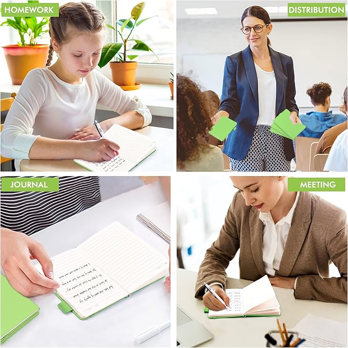 feela 6 Pack Pocket Small Notebooks Bulk, Mini Cute Memo Notepads Hardcover College Ruled Lined Journals with Pen Holder for Women Girls Office School, with 6 Black Pens, 3.5”x 5.5”, A6, Green