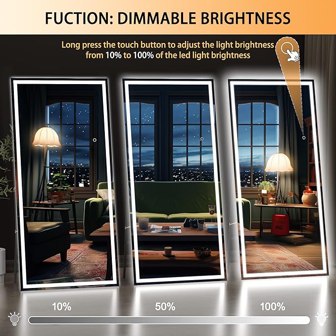 Hasipu Full Length Mirror with Lights, 95" x 40" LED Lighted Floor Standing Mirror, Full Body Dressing Hanging Mounted Mirrors, Dimmable, Tempered Glass, Safe to Use, Square Black