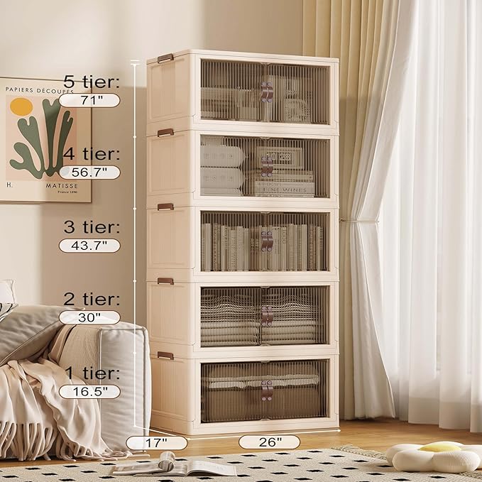 SAILUN 145Gal/580Qt Stackable Storage Bins Folding Collapsible Storage Bins with Lid, Closet Organizers and Storage Box with Door Beige 26" W x 17" D x 71" H