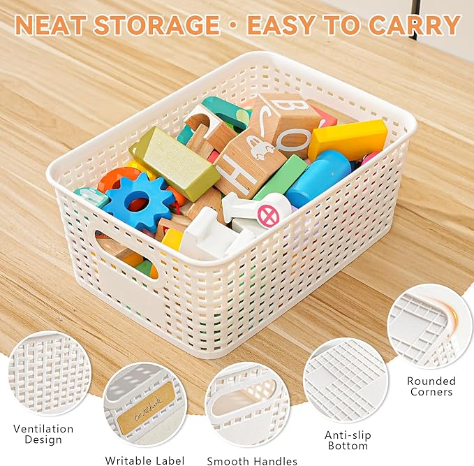 12 Pack Plastic Storage Baskets for Organizing, Storage Baskets for Shelves with Handles, Plastic Storage Bins with Labels, Organizer Baskets for Office, Pantry Organizers and Storage,Cabinet,Closet