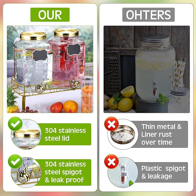 Lallisa 3 Pcs 2 Gallon Glass Drink Dispenser with Stand and Lid Mason Jar Beverage Dispenser with Stainless Steel Spigot, Hanging Chalkboard Signs, (Gold)