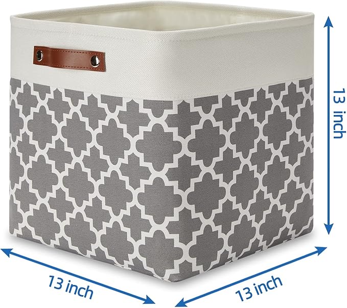 Temary 13ﾗ13ﾗ13 Foldable Storage Cube Baskets Fabric Cube Storage Basket for Organizing Cloth Storage Bins with Leather Handles for Gifts Empty, Closet (Grey Lattice)