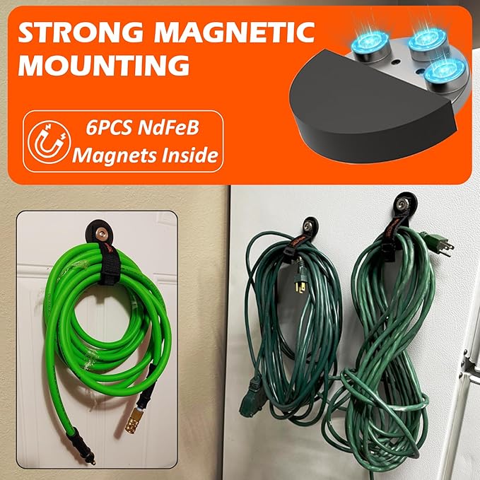 MUTUACTOR Strong Magnetic Hooks with Storage Straps, Φ1.96” Anti-Slip Rubber Coated Heavy Duty Hooks,4PCS Universal Carrying Storage Extension Cords, Hoses, Ropes Organization in Garage Workshop RVs