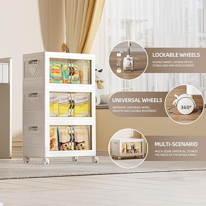 80 QT / 20 Gal Multi-Purpose Stackable Storage Cabinet: Double Magnetic Doors, Foldable, Wheels Included, Leather Handles - Ideal for Pantry, Laundry Room, Dorm