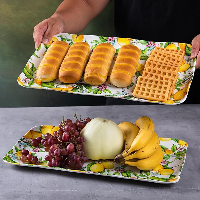 LEHAHA Melamine Lemon Large Rectangular Serving Tray/Platters Set of 2, 17.5" x 10", 2-Piece Melamine Platters Serving Set,Dishwasher Safe