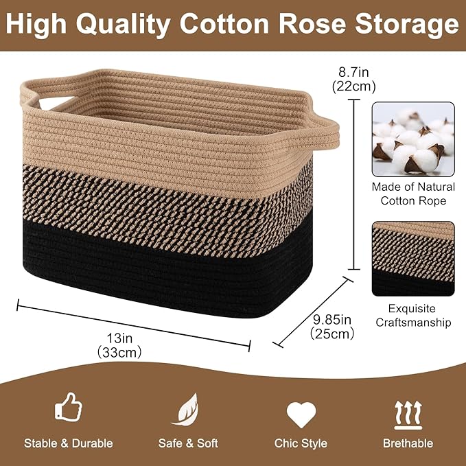 Storage Basket for Organizing, Woven Baskets for Storage, Rectangle Decorative Baskets for Shleves, Closet, Toys, Books, Nursery Organizer Bins - Pack of 3 (Black & Brown, 13"x9.85"x8.7")