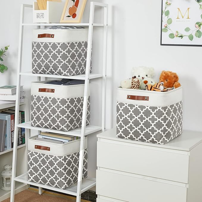 Temary 13ﾗ13ﾗ13 Foldable Storage Cube Baskets Fabric Cube Storage Basket for Organizing Cloth Storage Bins with Leather Handles for Gifts Empty, Closet (Grey Lattice)